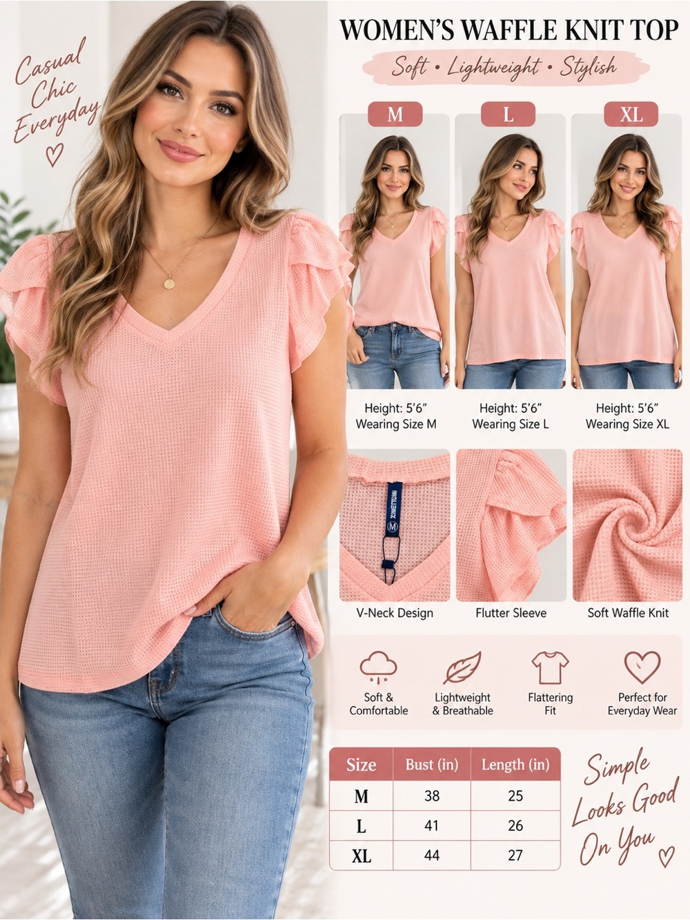 Waffle Knit Flutter Sleeve V-Neck Top - Pink